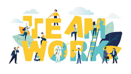 Vector flat business illustration, businessmen together build word teamwork, abstract graphic design, construction business project. Business team people looking for a job. Loudspeaker career planning