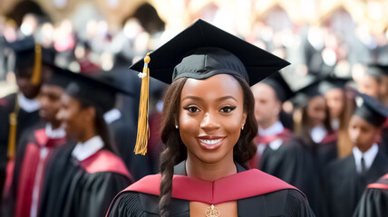 Portrait of a smiling african american female graduate in cap and gown looking at camera against the background of university graduates.