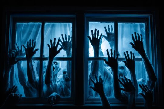 Spooky many zombie hands outside the window, blue glowing. Halloween concept.