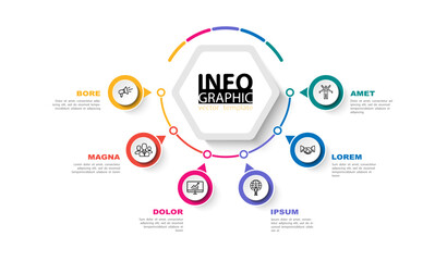 Infographics design and marketing icons, vector, circles. Сan be used to create workflows, diagram of annual reports, web design of presentations.Business concept with 6 options, process steps, colors