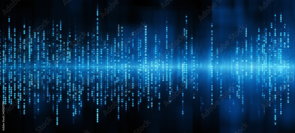 Poster Blue digital binary data on computer screen background. Banner.