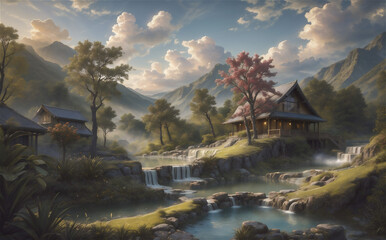 Fototapeta premium Mountain and lake Landscape. Cartoon mountains, forest and river scene. Wildlife mystical, Hiking adventure