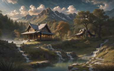 Mountain and lake Landscape. Cartoon mountains, forest and river scene. Wildlife mystical, Hiking adventure