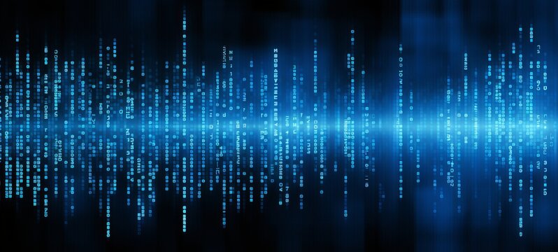 Blue digital binary data on computer screen background. Banner.