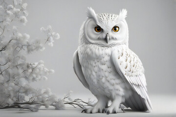 Great snowy owl near the white flowers