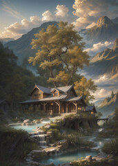 Obraz premium Mountain and lake Landscape. Cartoon mountains, forest and river scene. Wildlife mystical, Hiking adventure