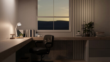 A modern and comfortable home office workspace in the evening with a corner working desk