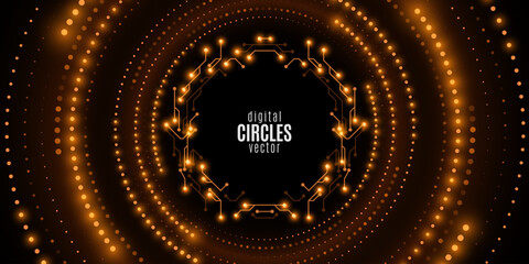 Digital circles of glowing dots with sci-fi cyber frame. Big Data visualization into cyberspace. Network Information concept. Futuristic banner. Vector illustration.