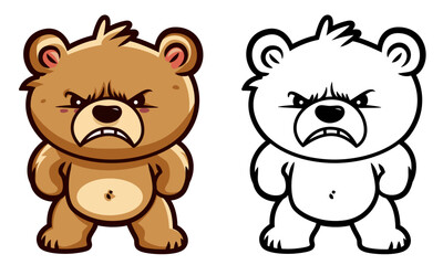 Obraz na płótnie Canvas Cute angry cartoon bear vector illustration, Angry teddy bear, Cartoon angry baby bear colored and black and white line art stock vector image