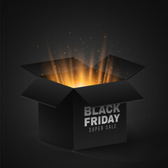 Gift magic open 3d box with golden rays and flying magical dust for Black Friday sale. Graphic elements for your design. Vector illustration.