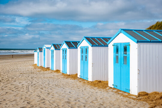 white blue house on the beach Texel Netherlands, a beach hut on the Dutch Island of Texel