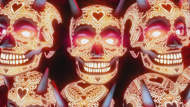 Seamless animation of glowing demon skulls. Funny halloween background 