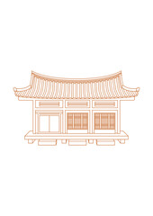 Editable Vector Illustration of Outline Style Front View Wide Traditional Hanok Korean House Building for Artwork Element of Oriental History and Culture Related Design