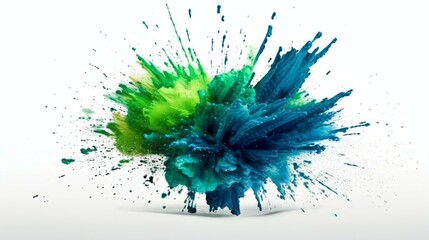 Blue and green Paint Splashes Ignite a Fantastical Explosion on a white background, Illuminating Free Space with Artistic Magic. Generative AI