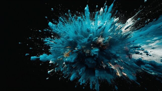 Blue and white Paint Splashes Ignite a Fantastical Explosion on a black background, Illuminating Free Space with Artistic Magic. Generative AI