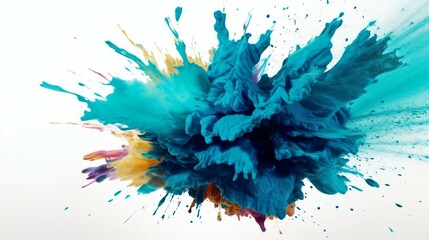 Blue Paint Splashes Ignite a Fantastical Explosion on a white background, Illuminating Free Space with Artistic Magic. Generative AI