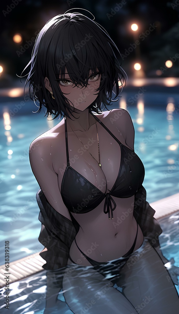 Wall mural beautiful mature anime woman age 35, short wet wavy black hair, in an infinity pool in private pool 