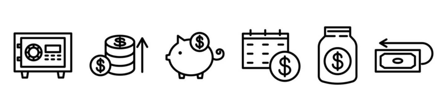 Vector Money Savings Icon Set. Editable Stroke. Collection Of Line Business Icons Related To Investment And Money Accumulation. Finance Concept.