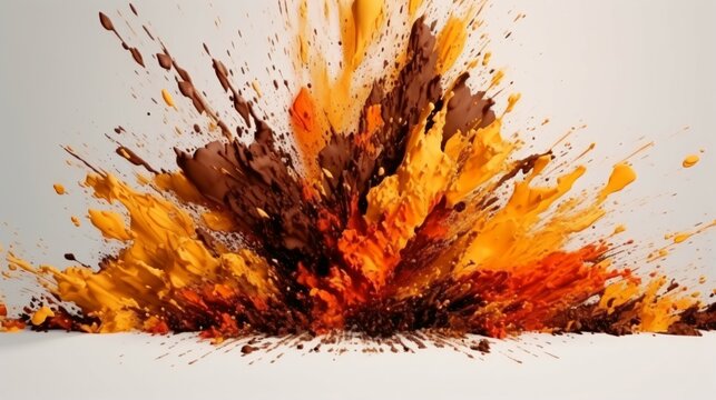 brown and orange Paint Splashes Ignite a Fantastical Explosion on a white background, Illuminating Free Space with Artistic Magic. Generative AI