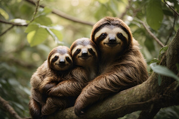 Fototapeta premium A female sloth with her babies hangs on a branch