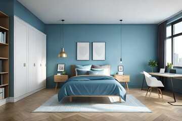 interior of a blue children's bedroom with blank area for a mockup