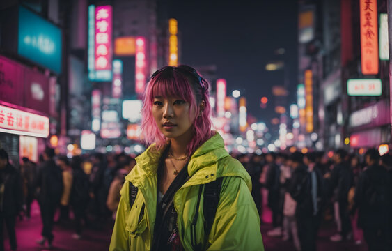 Pink hair girl in Night Tokyo