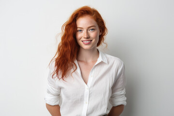 Happy attractive young woman with wavy red hair and freckles isolated over white background. Generative AI. - Powered by Adobe