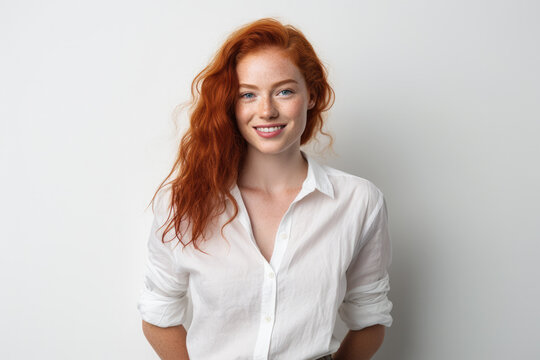 Happy Attractive Young Woman With Wavy Red Hair And Freckles Isolated Over White Background. Generative AI.