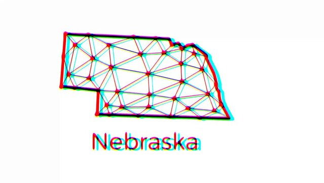 Nebraska state map animation in polygonal style with glitch effect, 4k resolution video, US states motion graphics