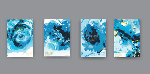 Cyan blue liquid watercolor background with golden stains. Teal turquoise marble alcohol ink drawing effect book and annual report cover.
