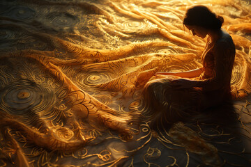  Sunlight enhances a fabric's embroidered design, highlighting the craftsmanship in every detailed stitch