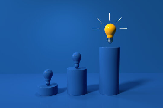 Idea light bulbs on the podiums - 3D render