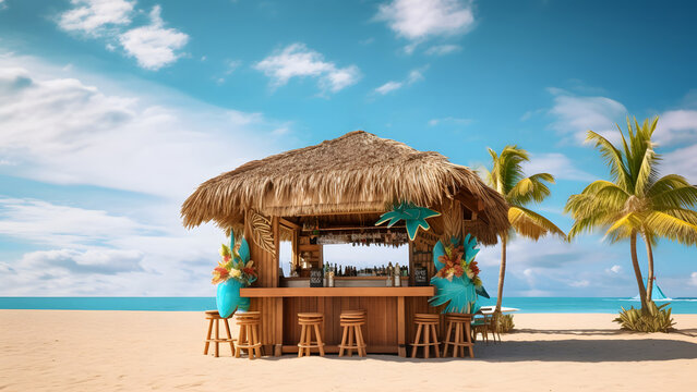 tiki bar on the beach with a palm tree and a blue sky with clouds in the background, neural network generated image - Powered by Adobe