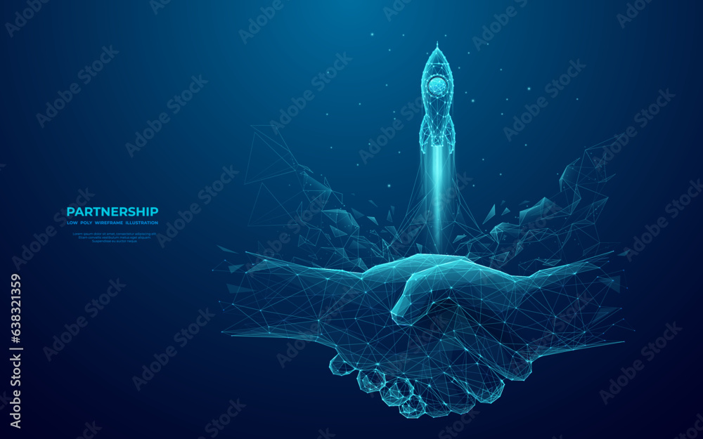 Aufkleber Abstract handshake and rocket launch. The digital conception of the best deals and start-up. Partnership or investment concept. Low poly wireframe vector illustration on technology blue background.