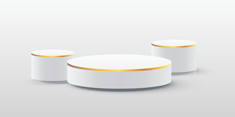 Empty white round and gold line podium, modern platform, Empty Musical Theater Entertainment stage, 3d round empty stage, abstract studio platforms, Promotion display podium, showroom