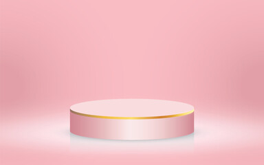 Empty white round and gold line podium on light pink background, modern platform, Empty Musical Theater Entertainment stage, 3d round empty stage, abstract studio platforms, display podium