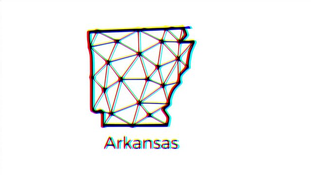 Arkansas state map animation in polygonal style with glitch effect, 4k resolution video, US states motion graphics