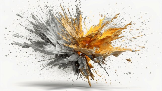 Gold and silver Paint Splashes Ignite a Fantastical Explosion on a white background, Illuminating Free Space with Artistic Magic. Generative AI