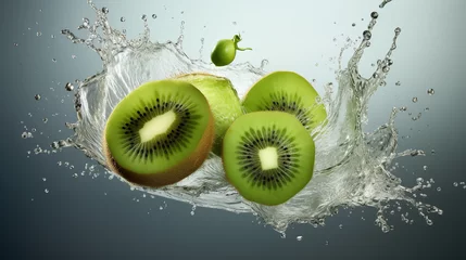 Poster A kiwi fruit suspended in mid - air, surrounded by a lively burst of kiwi juice. © Phoophinyo