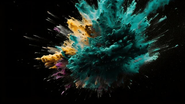 Grey and teal Paint Splashes Erupt in a Fantasy Explosion on a black background Canvas, Creating a Colorful Symphony in Free Space. Ganerative AI