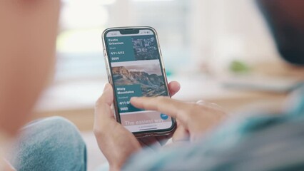 Couple hands, home and phone for holiday planning, vacation information and news, blog or contact us on screen. People scroll on mobile app for travel agency FAQ, reading website and review or choice