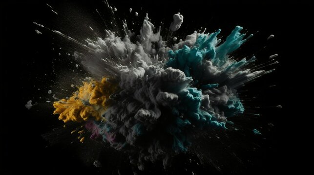 Grey Paint Splashes Erupt in a Fantasy Explosion on a black background Canvas, Creating a Colorful Symphony in Free Space. Ganerative AI