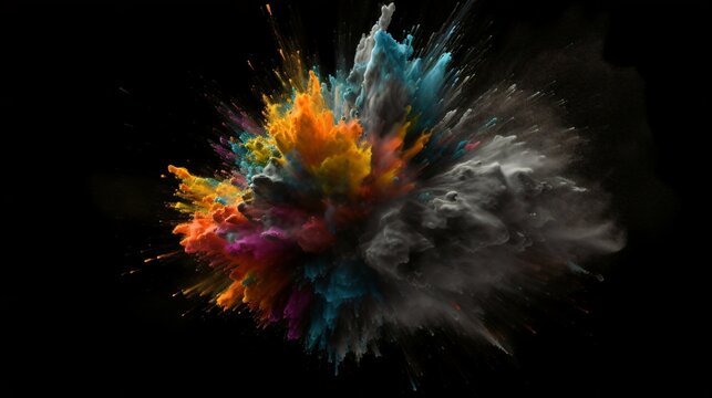 Grey Paint Splashes Erupt in a Fantasy Explosion on a black background Canvas, Creating a Colorful Symphony in Free Space. Ganerative AI