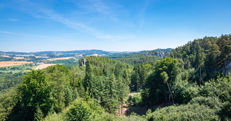 Panorama view of the hilly and partly forested landscape of Bohemia, Czech Republic