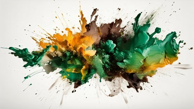 Green and brown Paint Splashes Erupt in a Fantasy Explosion on a white background Canvas, Creating a Colorful Symphony in Free Space. Ganerative AI