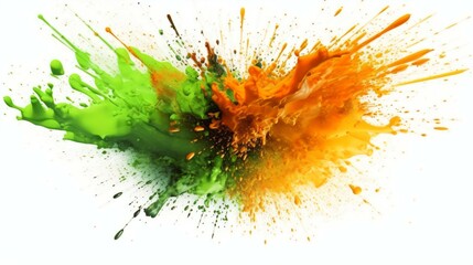 Green and orange Paint Splashes Erupt in a Fantasy Explosion on a White background Canvas, Creating a Colorful Symphony in Free Space. Ganerative AI