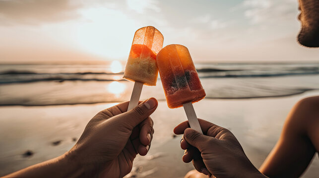 Happy couple sharing a popsicle an the beach