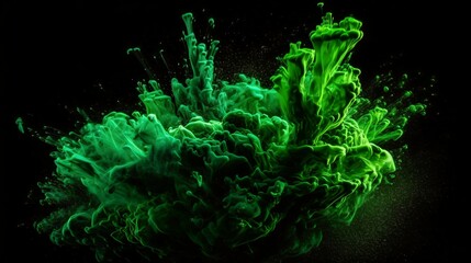 A Flourish of green Paint Splashes Ignites a Fantasy Explosion on a black background, Enveloping Free Space in Creative Energy. Generative AI