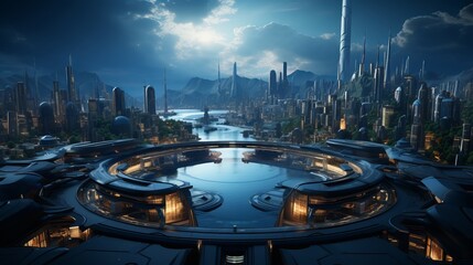 Futuristic city of the future. Settlement under a dome, skyscrapers and roads floating in the air. fantasy illustration