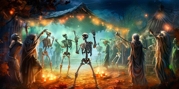 illustration of skeletons which dancing on Halloween disco party